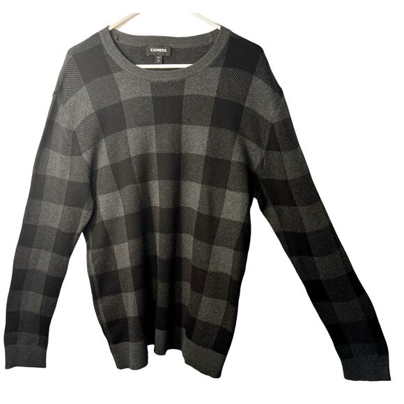 Express Mens Pullover Sweater Size L Black Gray Check Crew Neck Long Sleeve - Picture 1 of 7